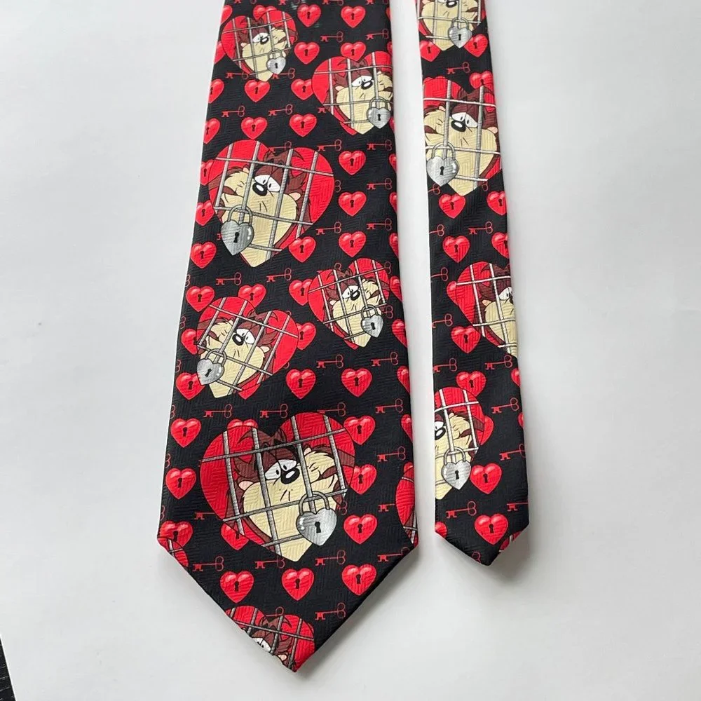 Vintage Looney Tunes Necktie Black Tasmanian Devil Love Heart Polyester Mens Tie